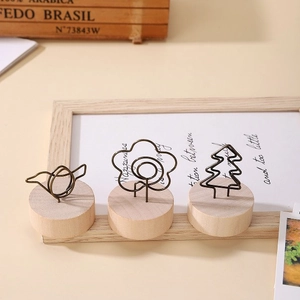 Lot de 3 porte-cartes avec base ronde en bois et motifs décoratifs en fil de fer