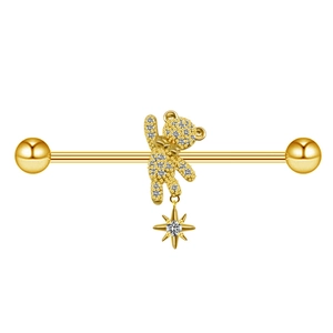 Golden stainless steel bear industrial barbell with crystal star pendant earring