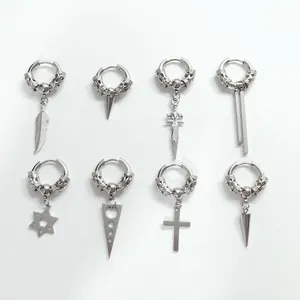 Set of 8 vintage silver stainless steel dangle earrings featuring cross and feather charms