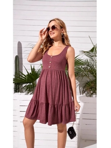 Maternity Sleeveless Dress Round Neck Decorative Buttons Ruffle Tiered Hem Summer Casual Pregnancy Clothing