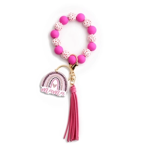 Leopard print wood bead wristlet keychain with rainbow mama charm and pink tassel