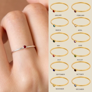 Minimalist Birthstone Rings Stainless Steel 18K Gold Plated Round Cubic Zirconia Thin Band Stackable Jewelry For Women