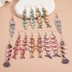 Bohemian style wood print fishbone drop earring set with 7 pairs of colorful designs