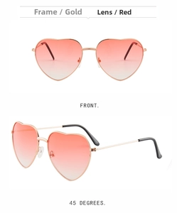 Front and 45-degree views of gold heart sunglasses with red gradient lenses