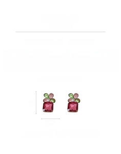 Detail view of vintage floral earrings with red square crystal and 3.9cm length specs