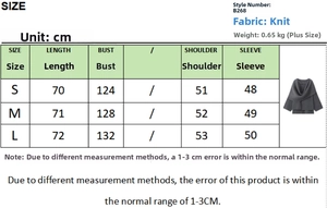 Size chart for autumn knit jacket showing length, chest, shoulder, and sleeve measurements