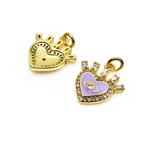 Ciondolo a cuore in oro con malocchio, corona, zirconi micro-pavé e smalto viola