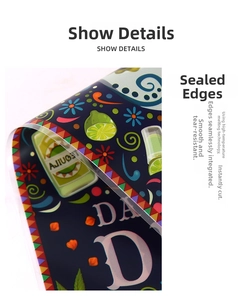 Close-up of heat-sealed edges on Day of the Dead candy bags with skull patterns