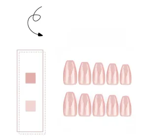 Detailed view of ten short trapezoid press-on nails in nude pink with fine glitter