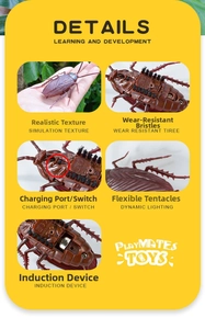 Detail view of electronic simulation cockroach toy with charging port and motor structure