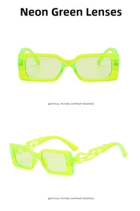 Detail view of fluorescent green rectangle sunglasses with Y2K hollow flame temples