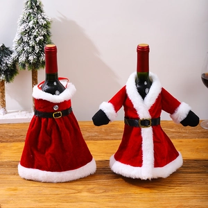 Christmas themed red wine bottle covers in dress and coat styles with white fur trim