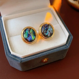 Detail of 18K gold-plated abalone shell stud earrings in a luxury velvet jewelry box
