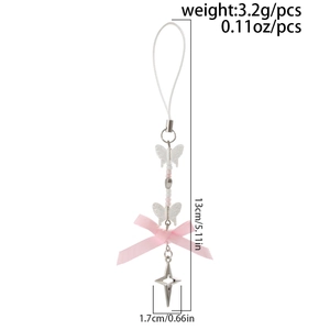 Detail showing dimensions of pink bow and strawberry charm phone strap with beads