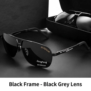 Classic black pilot sunglasses for men with dark gray polarized photochromic lenses