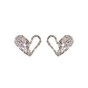 Exaggerated silver heart stud earrings with marquis cut zircon and openwork design