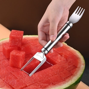 Watermelon Slicer Cutter Fork Dual Head Stainless Steel Portable Fruit Cube Maker Kitchen Gadget Manual Tool