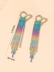 Detailed view of rainbow gradient rhinestone tassel earrings measuring 10.2cm in length