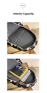 Macro view of the large interior capacity and gray fabric lining of strawberry print backpack