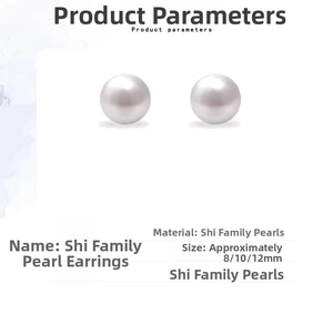 Detail view of round white pearl earrings showing sizes 8mm, 10mm, and 12mm