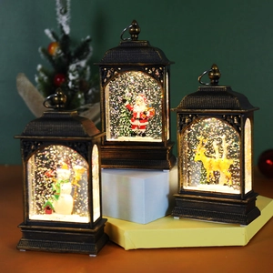 Christmas Snow Globe Lantern Water Filled LED Lighted Retro Bronze Desktop Ornament Santa Snowman Reindeer Decor