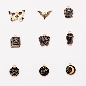 Gothic black enamel skull moth and spellbook charms set with gold plating for DIY jewelry