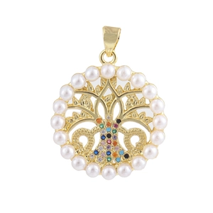 Detailed view of 18K gold plated Tree of Life pendant with pearls and colorful gems