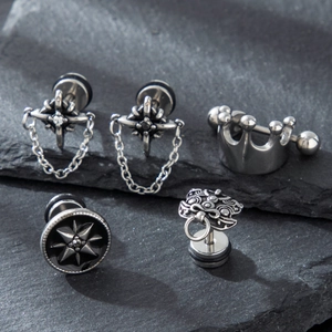 Retro Vintage Punk Stainless Steel Zircon Ear Studs Cross Chain Crown Star Lion Head Gothic Jewelry For Men Women