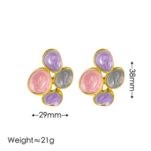Abstract teardrop enamel earrings in pink and purple color block with gold trim 38x29mm