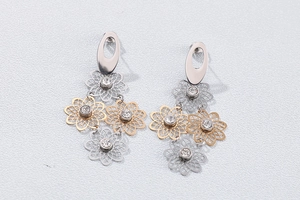 Détail de boucles d'oreilles fleurs évidées avec strass en finitions or et argent