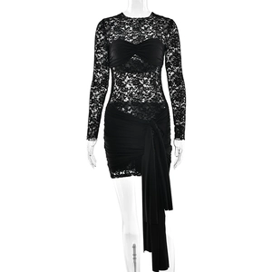 Sexy black lace sheer bodycon dress with long sleeves and elegant side streamers