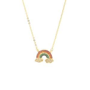 Gold necklace with rainbow zircon stones and diamond clouds on a clean white background