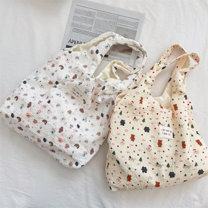 Detail of Korean style tote bags with bear patterns and textured bubble fabric