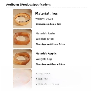 Detailed size and weight chart for amber resin and acrylic geometric square bangles