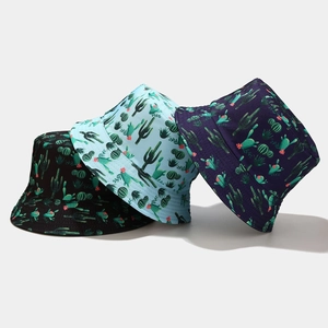 Foldable cactus print bucket hats in black, light blue and purple with sun protection