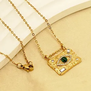Evil Eye Pendant Necklace Stainless Steel 18K Gold Plated Rectangle Malachite Zircon Vintage Jewelry For Women