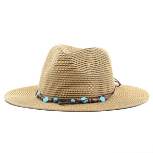 Classic khaki straw sun hat with ethnic beaded band for beach and outdoor leisure
