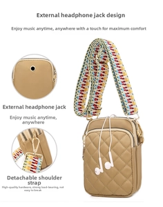 Detail view of khaki nylon crossbody bag with headphone port and colorful strap