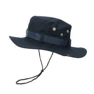 Detailed side view of a navy blue outdoor sun hat with wide brim and chin strap.