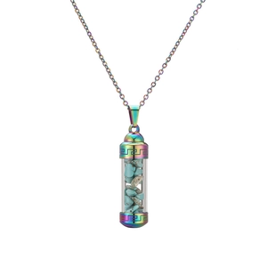 Rainbow stainless steel perfume bottle pendant necklace with blue crushed stones inside