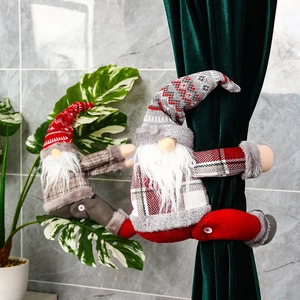 Christmas gnome curtain buckles with red and grey knitted fabric for festive home decoration
