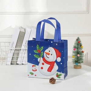 Blue Christmas non-woven tote bag featuring a snowman design for gift storage and shopping
