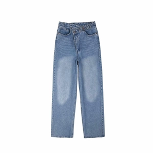 Women's straight jeans with asymmetrical waist and distressed washed blue denim finish