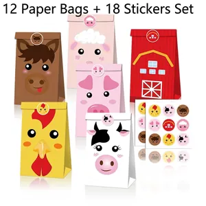 Sacs Cadeaux en Papier Kraft Animaux de la Ferme de Dessins Animés pour Fête d'Anniversaire Motif Vache Cochon Mouton Poulet Sacs à Bonbons et Autocollants