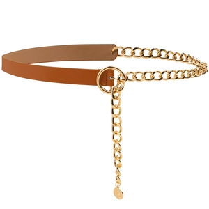 Fashionable brown leather belt with chunky gold chain and coin pendant for women