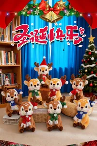 Detail of plush Christmas reindeer dolls with sequin scarves in a cozy festive setting
