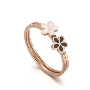Bague Fleur Acier Inoxydable Détachable Superposée Émail Noir Blanc Marguerite Bijoux Mode Minimalistes Femmes Or Rose