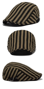 Detailed three-angle view of a striped cotton linen flat cap in khaki and black