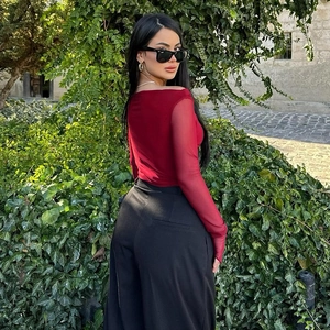 Elegant burgundy slim-fit off-shoulder top with sheer mesh sleeves for autumn fashion
