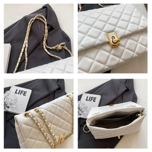 Detailed views of white quilted chain bag featuring gold ball adjuster and inner pocket